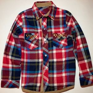 Plaid shirt with gold studs & elbow patch.